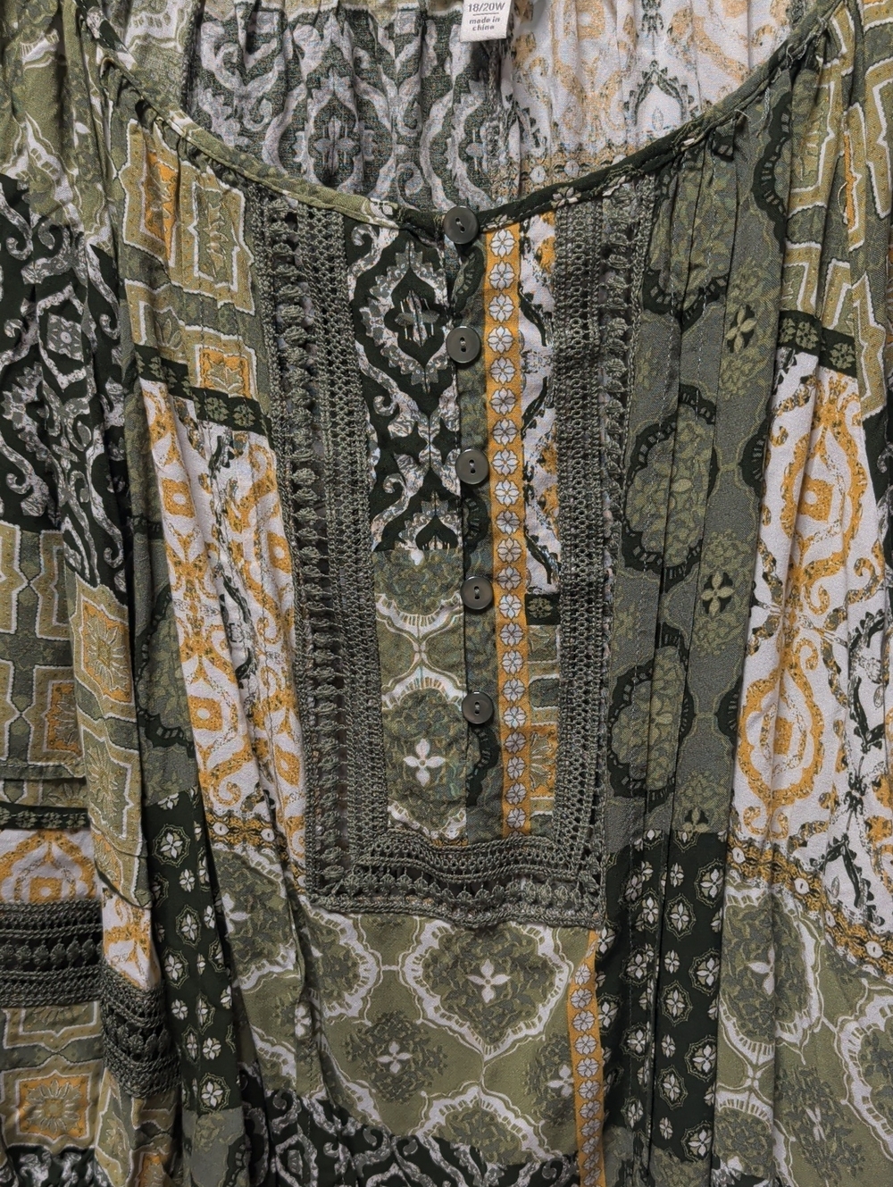 Cato Olive Green and Mustard Patchwork Top with Embroidered Front and Sleeves